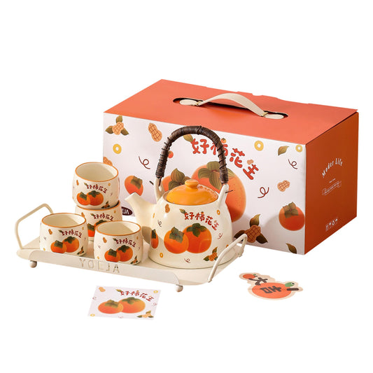 Good Fortune Ceramic Teapot Set with Bamboo Handle, 4 Cups, Tray, and Gift Box – 1150ml Large Teapot