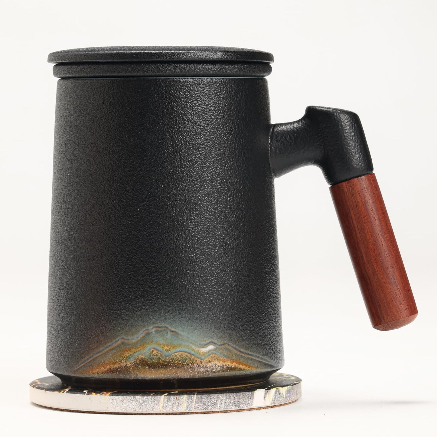 Rustic Mountain Layers Mug – Handmade Ceramic Infusion Mug with Strainer and Lid