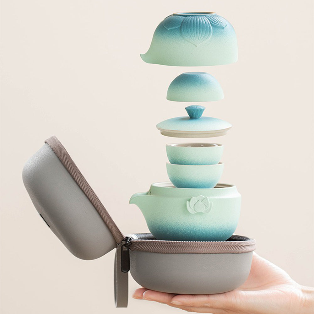 Lotus Travel Gongfu Tea Set – Complete Ceramic Chinese Tea Set in Portable Case
