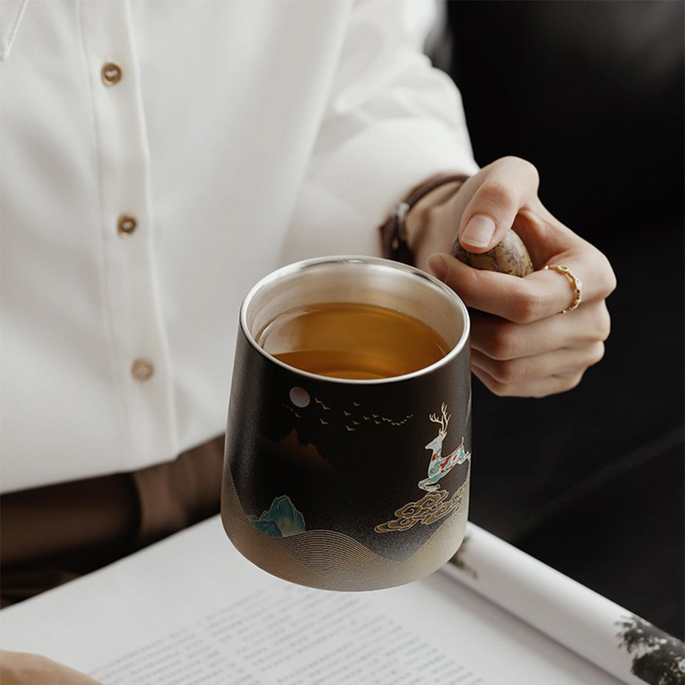 Deer Ceramic Office Mug with Infuser – Modern Tea Mug with Lid