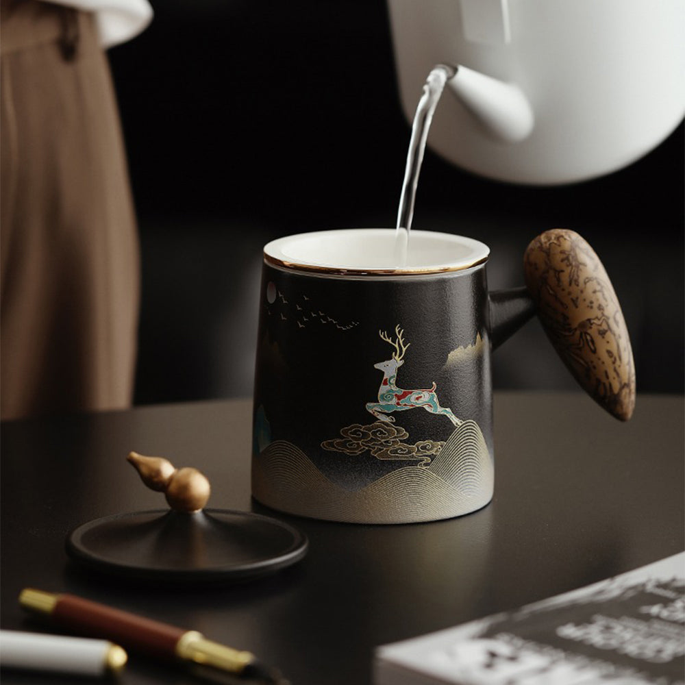 Deer Ceramic Office Mug with Infuser – Modern Tea Mug with Lid