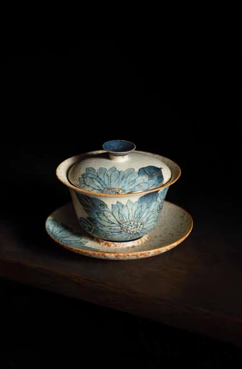 Jingdezhen Qiuci Gaiwan – Handcrafted Three-Piece Chinese Tea Bowl with Autumn Motif