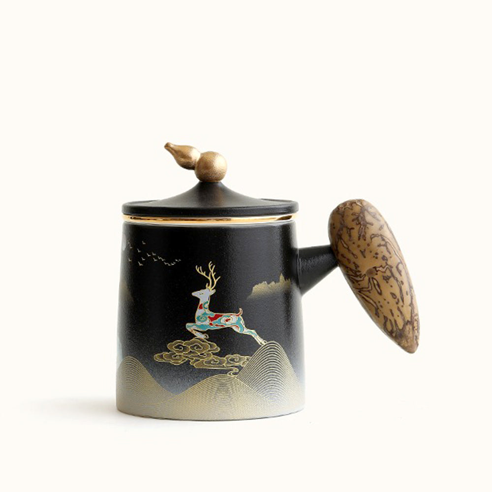 Deer Ceramic Office Mug with Infuser – Large Stoneware Tea Mug, Luxury Coffee Cup
