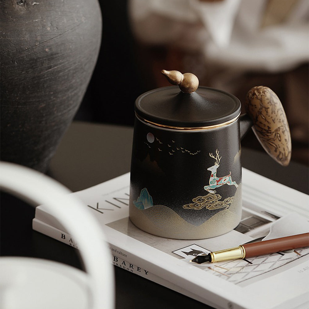 Deer Ceramic Office Mug with Infuser – Modern Tea Mug with Lid