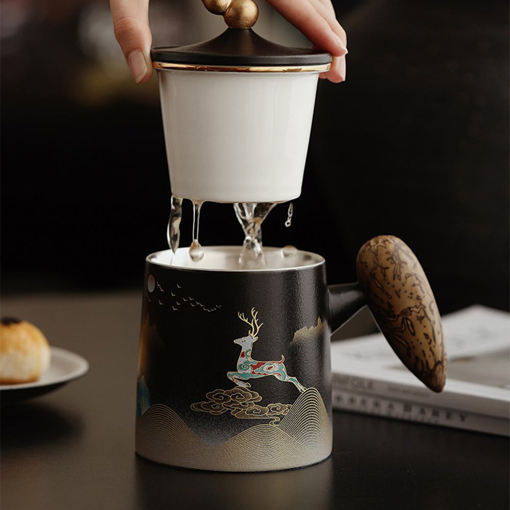 Deer Ceramic Office Mug with Infuser – Modern Tea Mug with Lid