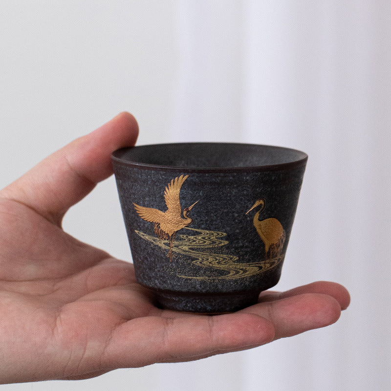 Vintage Handmade Ceramic Tea Cup – Gilded Double Cranes Design