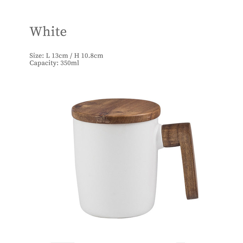 Retro Ceramic Mug with Wooden Handle and Lid – 350ml Office Teacup