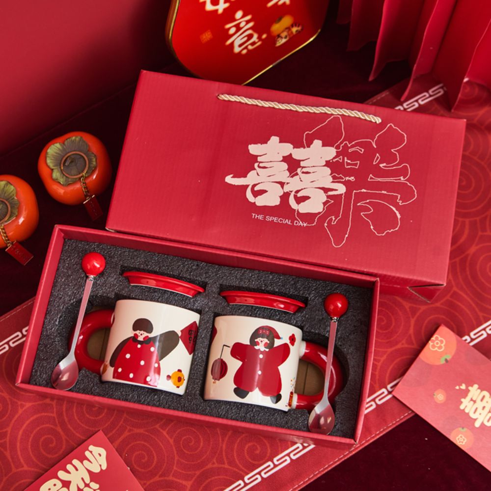 Double Happiness Couple Ceramic Mugs – Boy & Girl Design, Perfect Gift for Couples or Friends