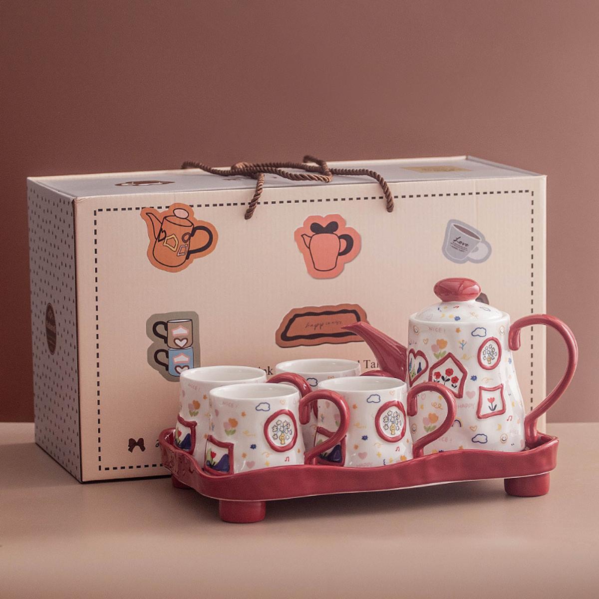 Red Music Note Creative Graffiti Teapot & Tea Cup Gift Set – 6-Piece Boxed Set with 800ML Pot, 4 Cups, and Tray