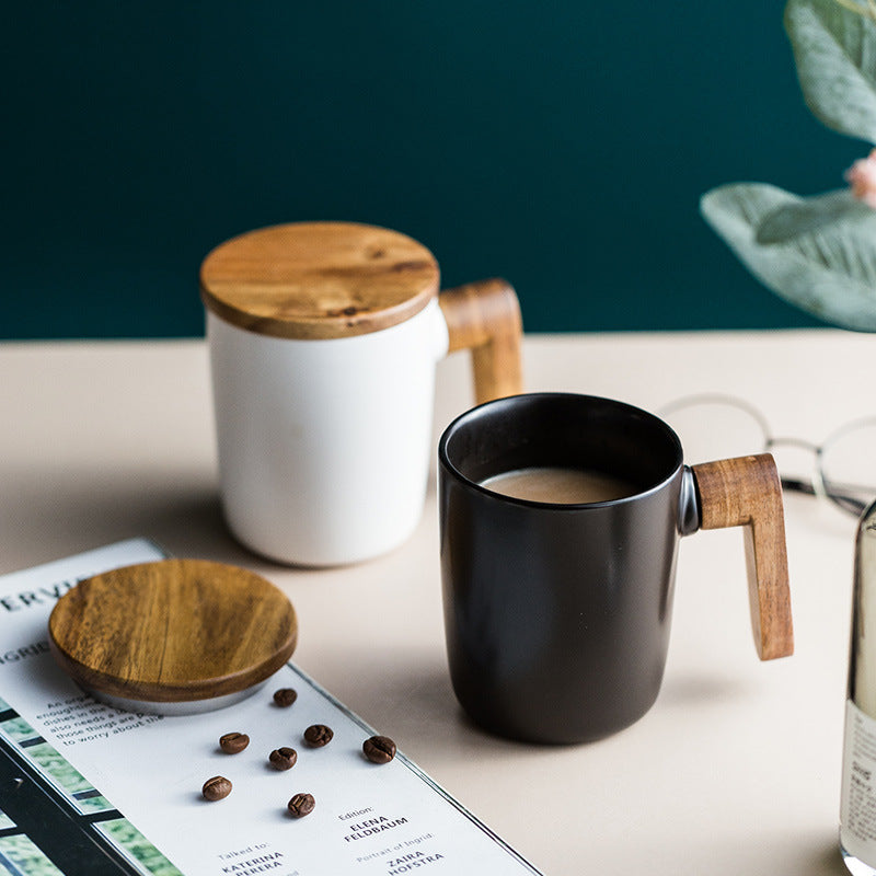 Retro Ceramic Mug with Wooden Handle and Lid – 350ml Office Teacup