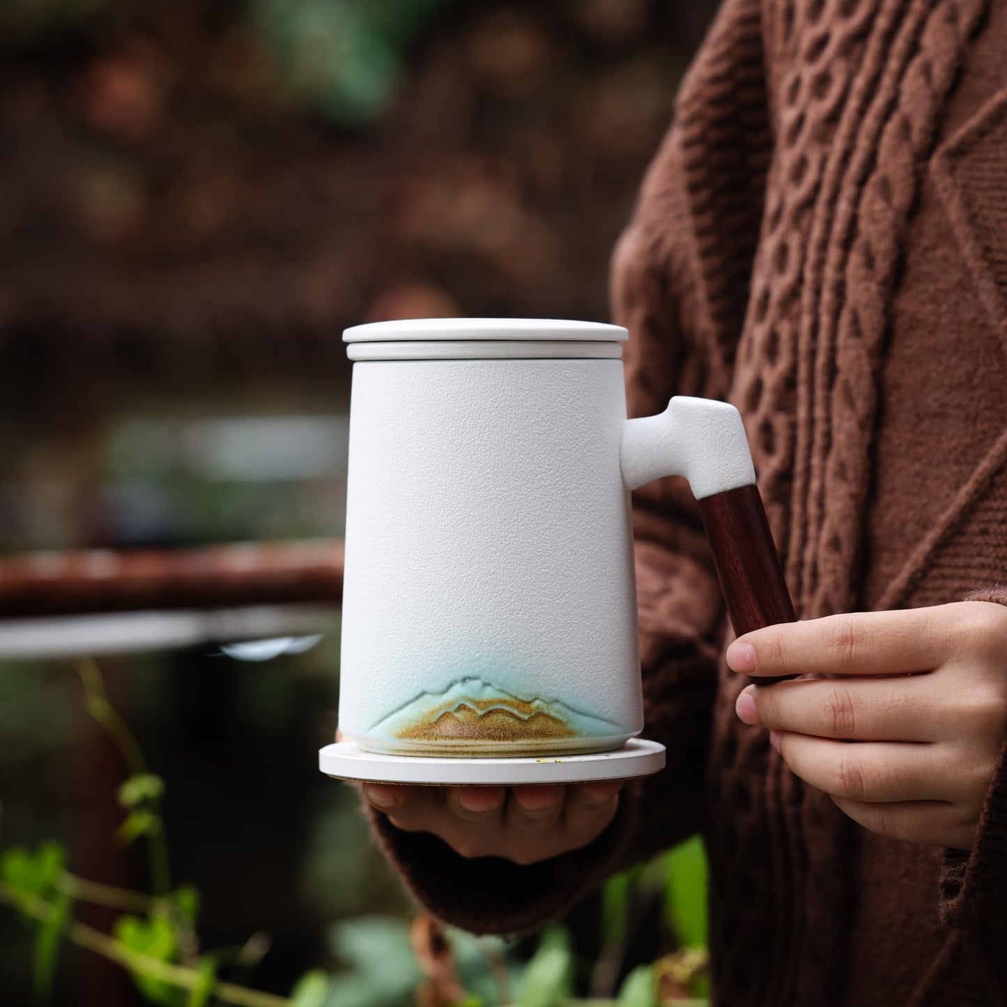 Rustic Mountain Layers Mug – Handmade Ceramic Infusion Mug with Strainer and Lid