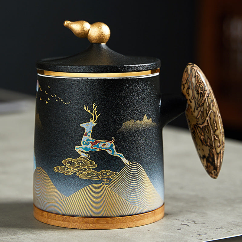 Deer Ceramic Office Mug with Infuser – Modern Tea Mug with Lid