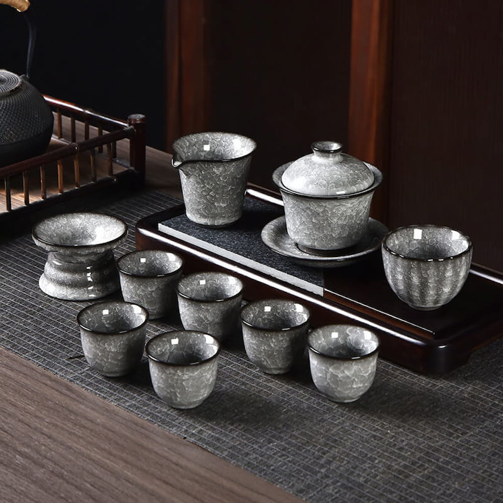 Black Ice Ceramic Gaiwan Gongfu Tea Set with Gift Box – Complete Chinese Tea Set