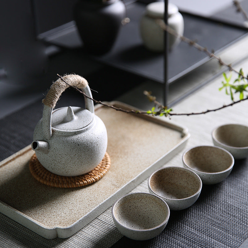 Mini Kiln-Glazed Japanese Tea Set with Handle Teapot and Tray – 4-Piece Ceramic Gongfu Set