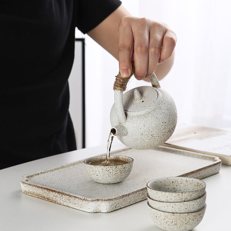 Mini Kiln-Glazed Japanese Tea Set with Handle Teapot and Tray – 4-Piece Ceramic Gongfu Set