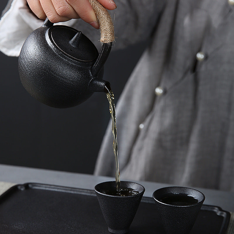 Mini Kiln-Glazed Japanese Tea Set with Handle Teapot and Tray – 4-Piece Ceramic Gongfu Set
