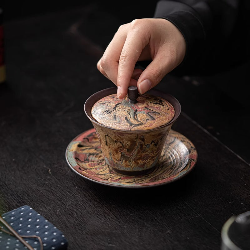 Handmade Dunhuang-Style Ceramic Gaiwan Cup – Hand-Painted Clay Gaiwan for Gongfu Tea