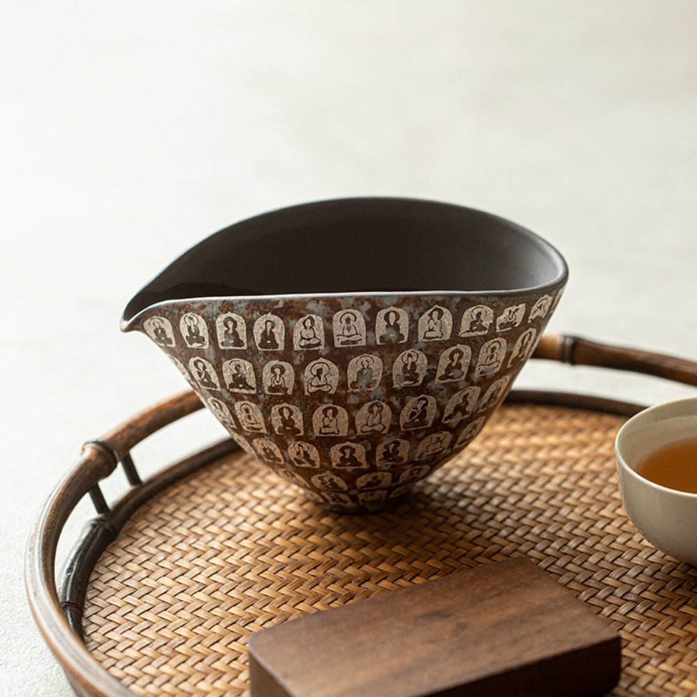 Vintage Thousand Buddha Ceramic Fairness Cup with Silver Accent – Handcrafted Gongfu Tea Pitcher