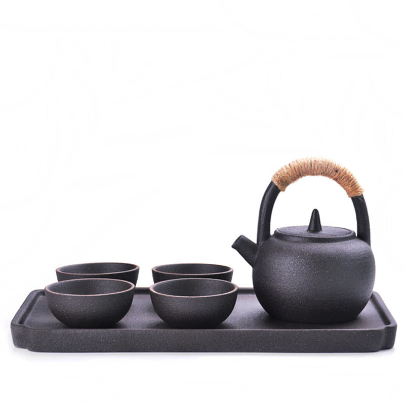 Mini Kiln-Glazed Japanese Tea Set with Handle Teapot and Tray – 4-Piece Ceramic Gongfu Set