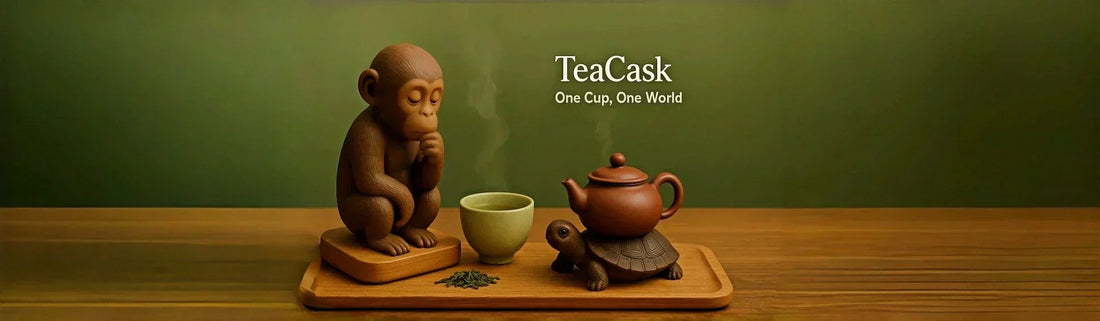 A tea pet monkey deep in thought beside a steaming teacup and a teapot on a turtle, symbolizing TeaCask’s spirit—One Cup, One World