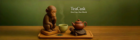 A tea pet monkey deep in thought beside a steaming teacup and a teapot on a turtle, symbolizing TeaCask’s spirit—One Cup, One World