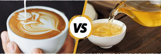 Side-by-side comparison of modern matcha drinks and traditional Chinese tea ceremony, highlighting the contrast between contemporary tea trends and classical tea rituals