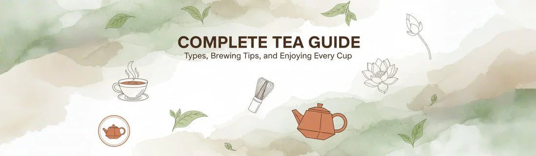 A beautifully arranged tea set with teapot, cups, and various types of tea leaves for a relaxing tea experience