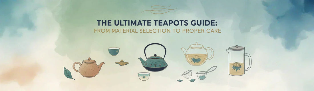 A variety of teapots made from ceramic, glass, stainless steel, and cast iron for tea brewing