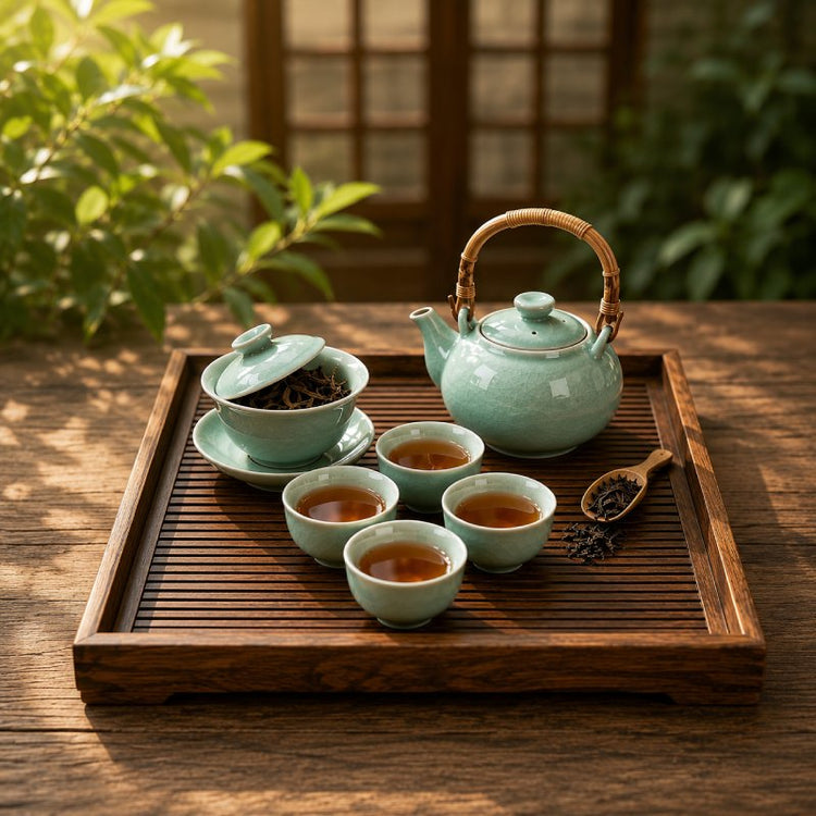 Complete tea set with teapot, gaiwan, teacups, and wooden tray