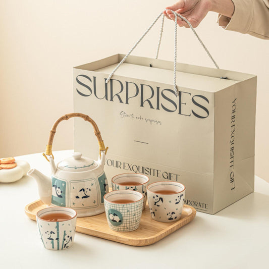 Panda Tea Set Gift Box – Porcelain Gongfu Teapot & Cups with Bamboo Tray, Ideal Gift for Tea Lovers