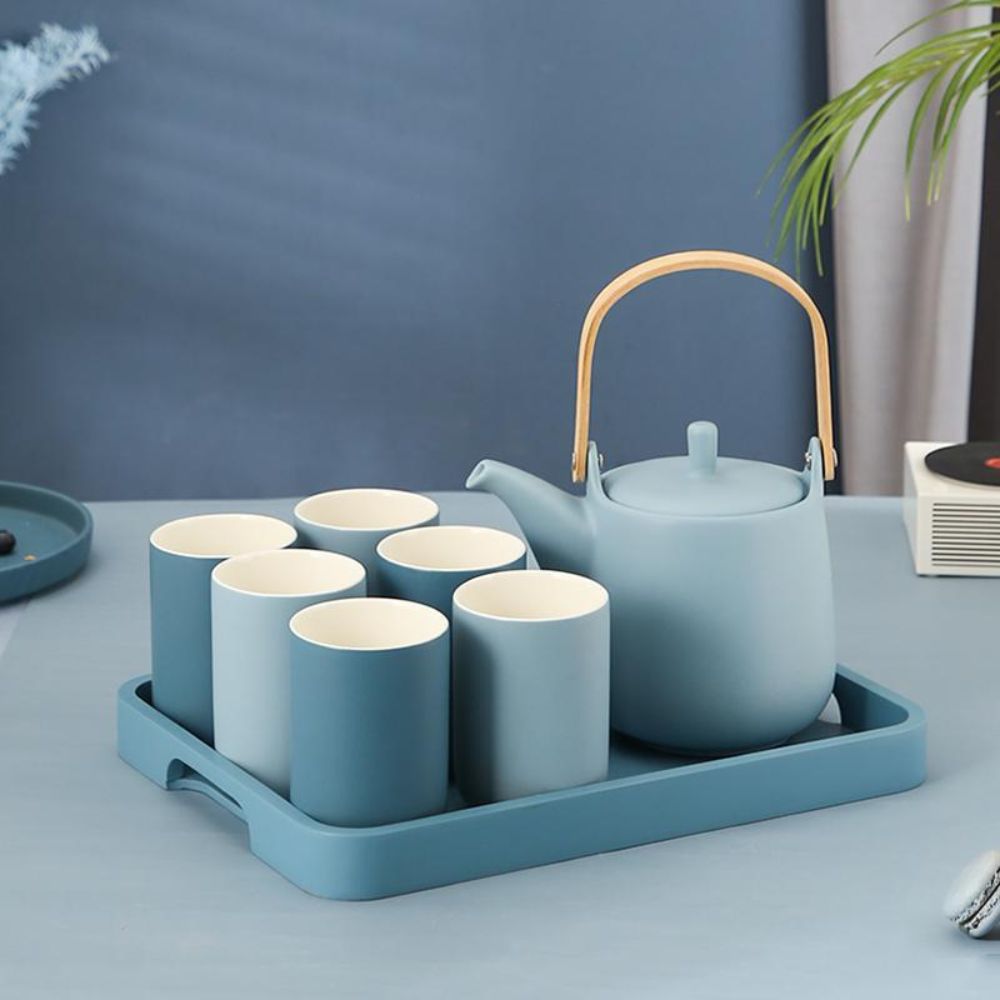 Morandi Haze Nordic Ceramic Tea Set — Teapot, 6 Cups, Tray & Shelf