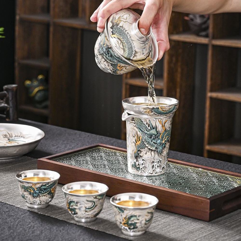 Azure Dragon Sterling Silver Tea Set – 12-Piece Chinese Gongfu Tea Set