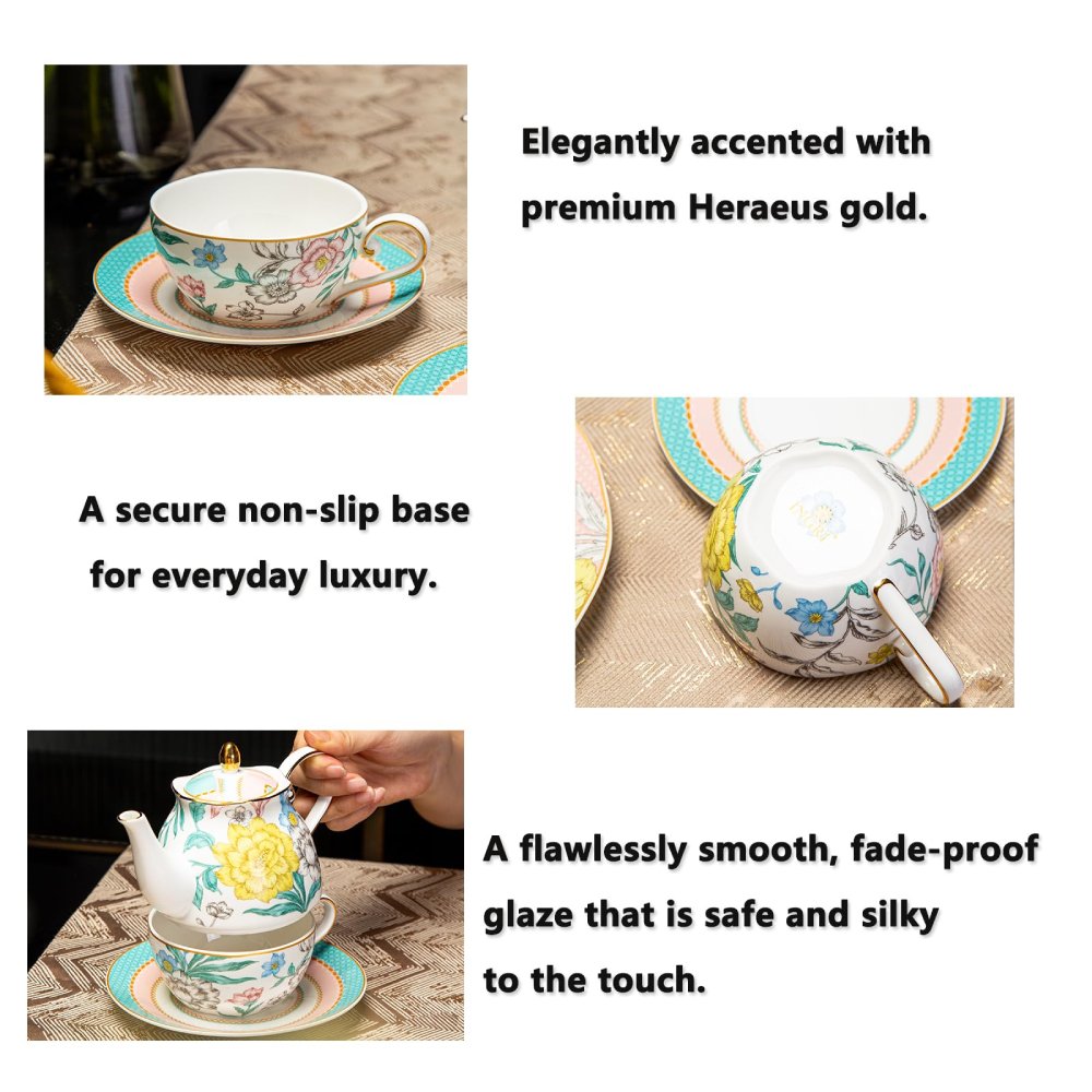 Bone China Floral Tea-for-One Set – Stackable Teapot, Cup & Saucer Gift Set
