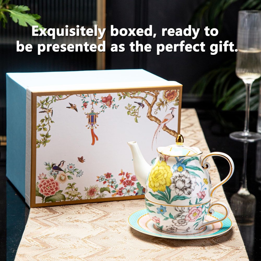 Bone China Floral Tea-for-One Set – Stackable Teapot, Cup & Saucer Gift Set