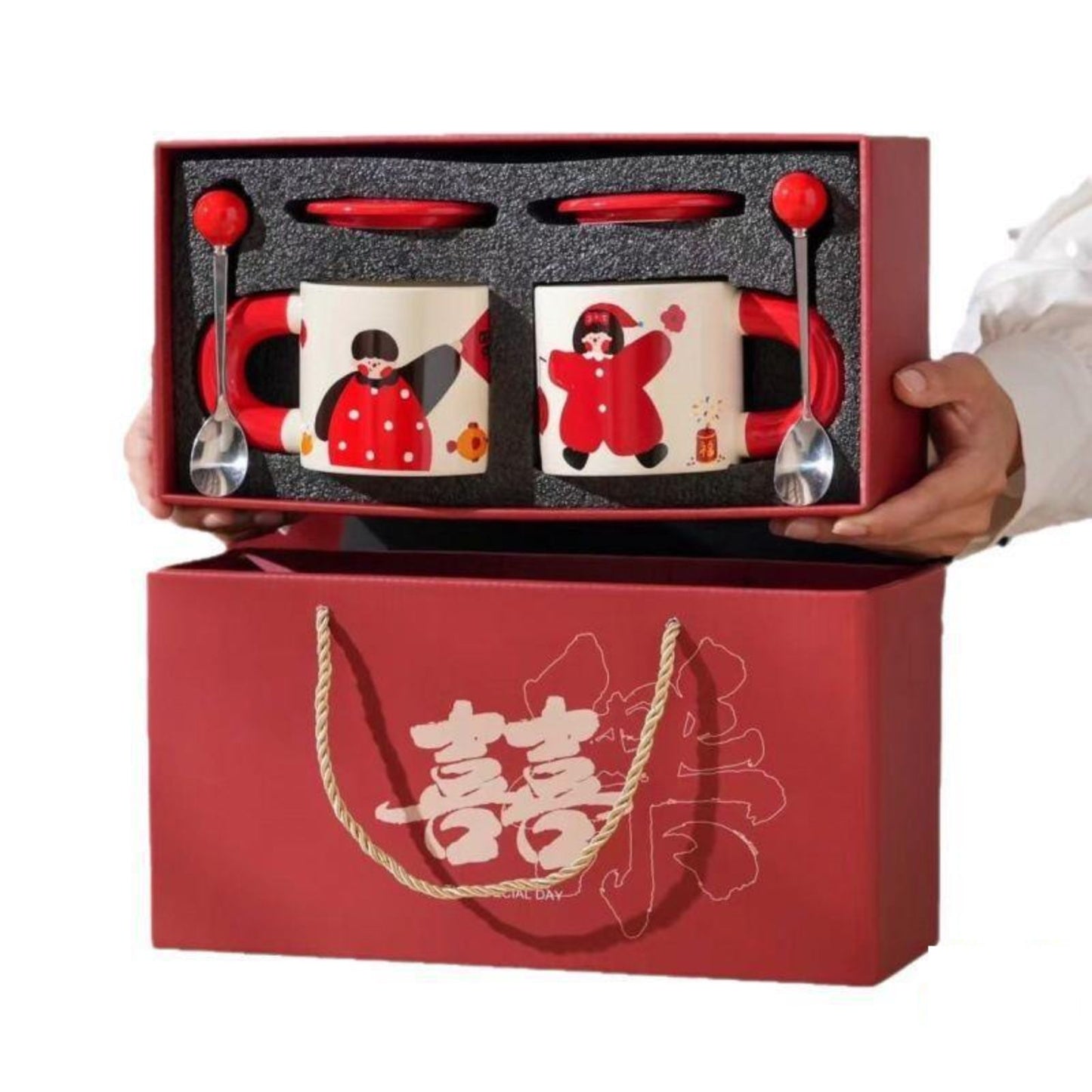 Double Happiness Couple Ceramic Mugs – Boy holding Fu, Girl holding Lantern Design