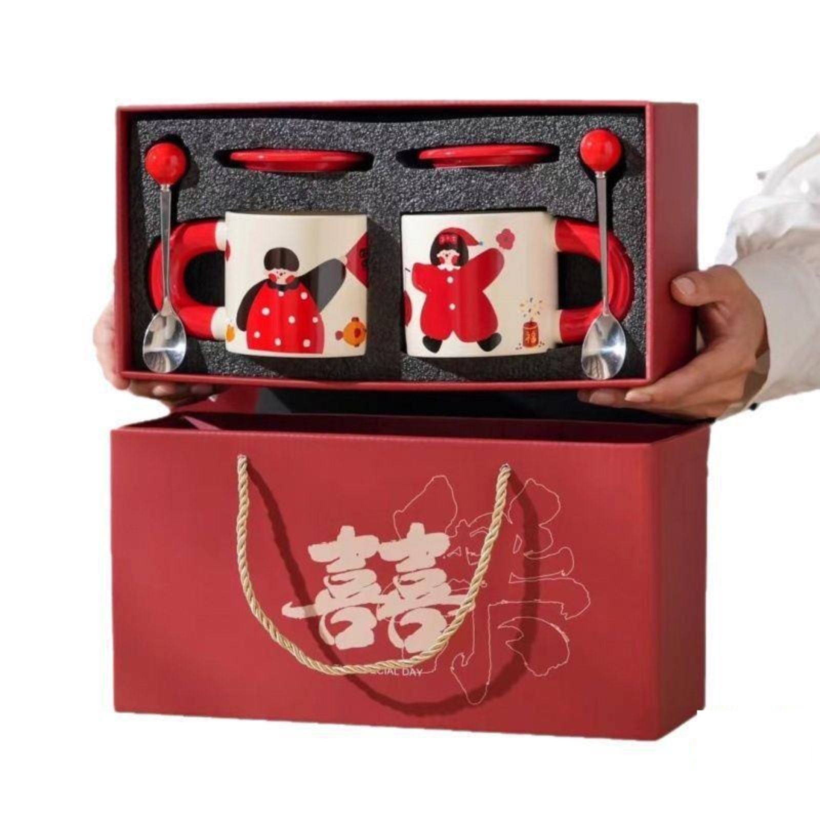 Double Happiness Couple Ceramic Mugs – Boy holding Fu, Girl holding Lantern Design