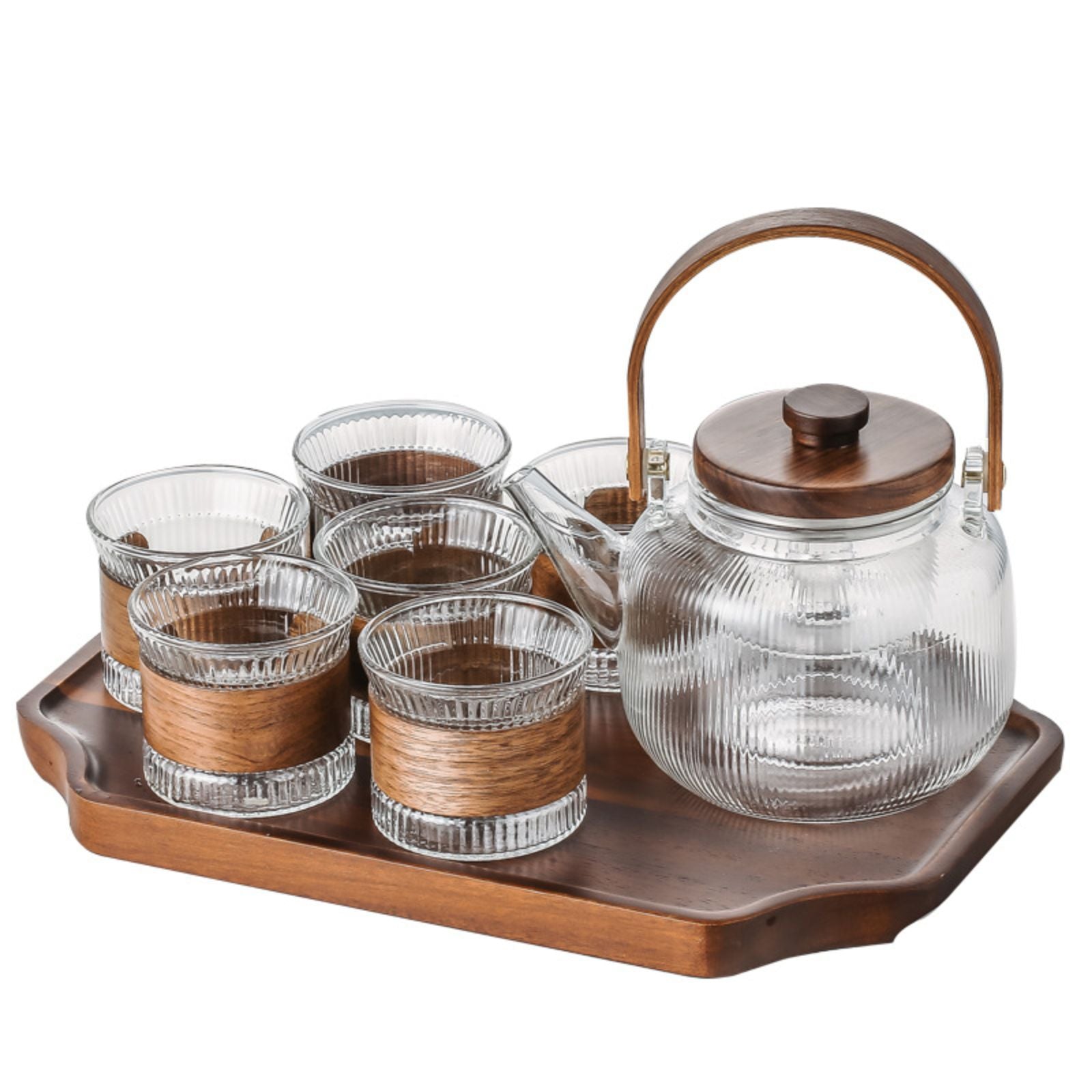 Traditional Chinese gongfu tea set with vertical-handle teapot, six cups, and floral tray