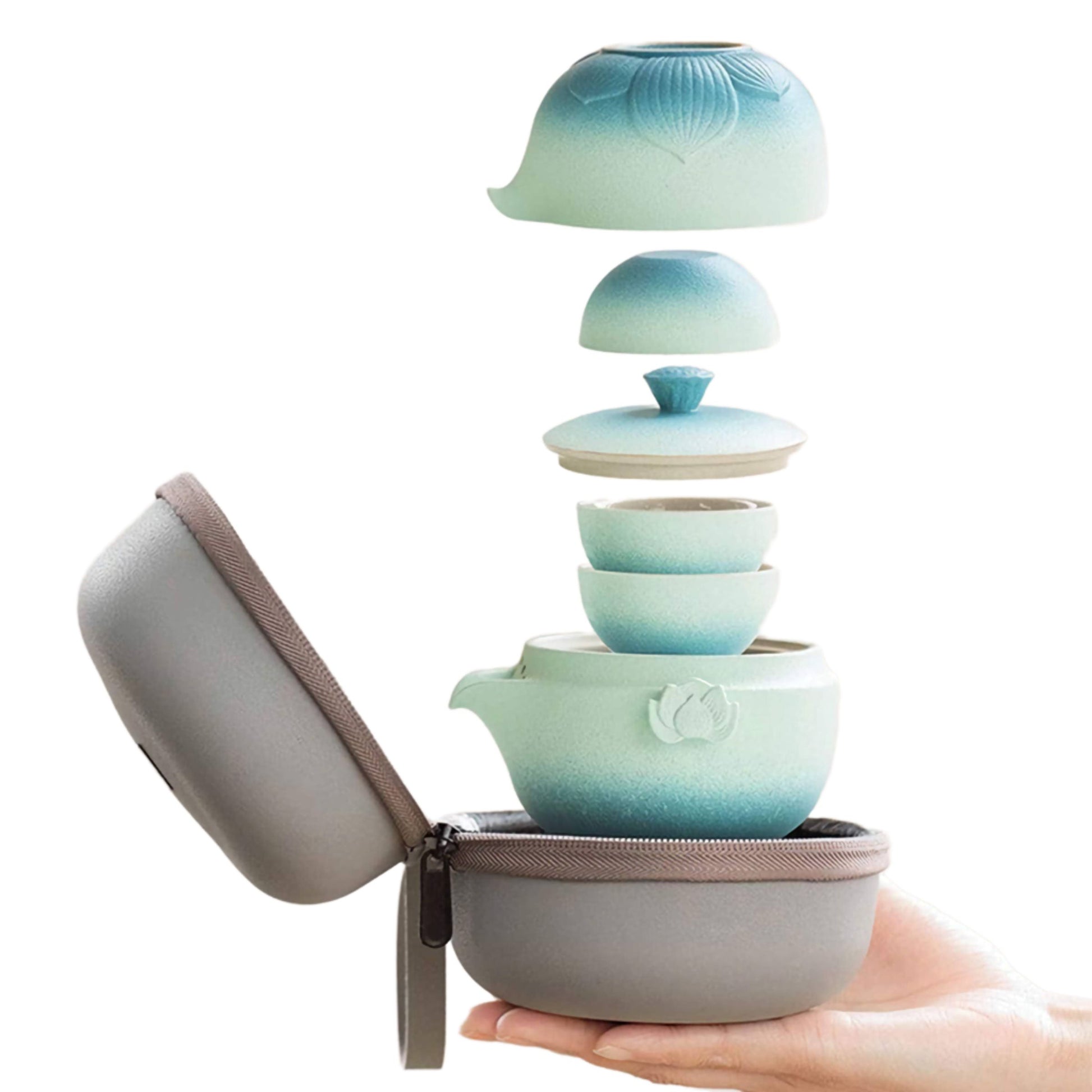 Lotus Travel Gongfu Tea Set – Ceramic Chinese Teapot Set with Cups in Portable Case
