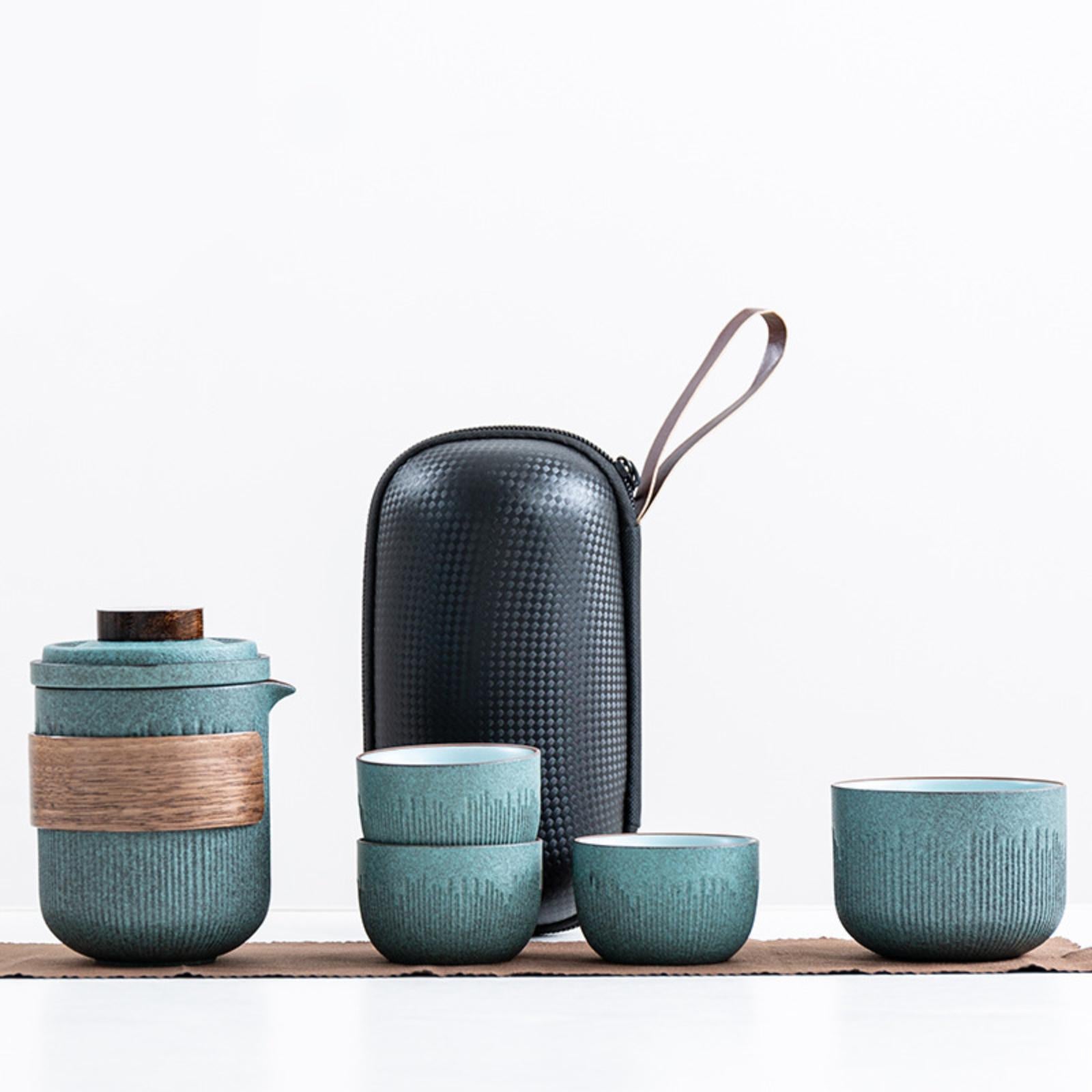 Stone Glazed Travel Tea Set – 1 Teapot & 4 Cups Portable Ceramic Tea Set