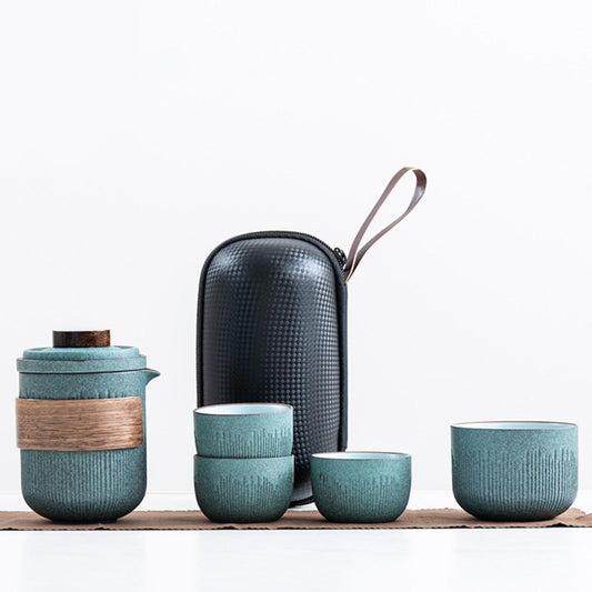 Stone Glazed Travel Tea Set – 1 Teapot & 4 Cups Portable Ceramic Tea Set