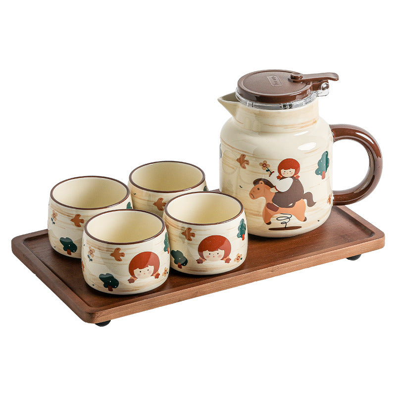 Oil painting carousel girl 1L ceramic teapot with 4 cups and wooden tray — gift box set for flower tea lovers