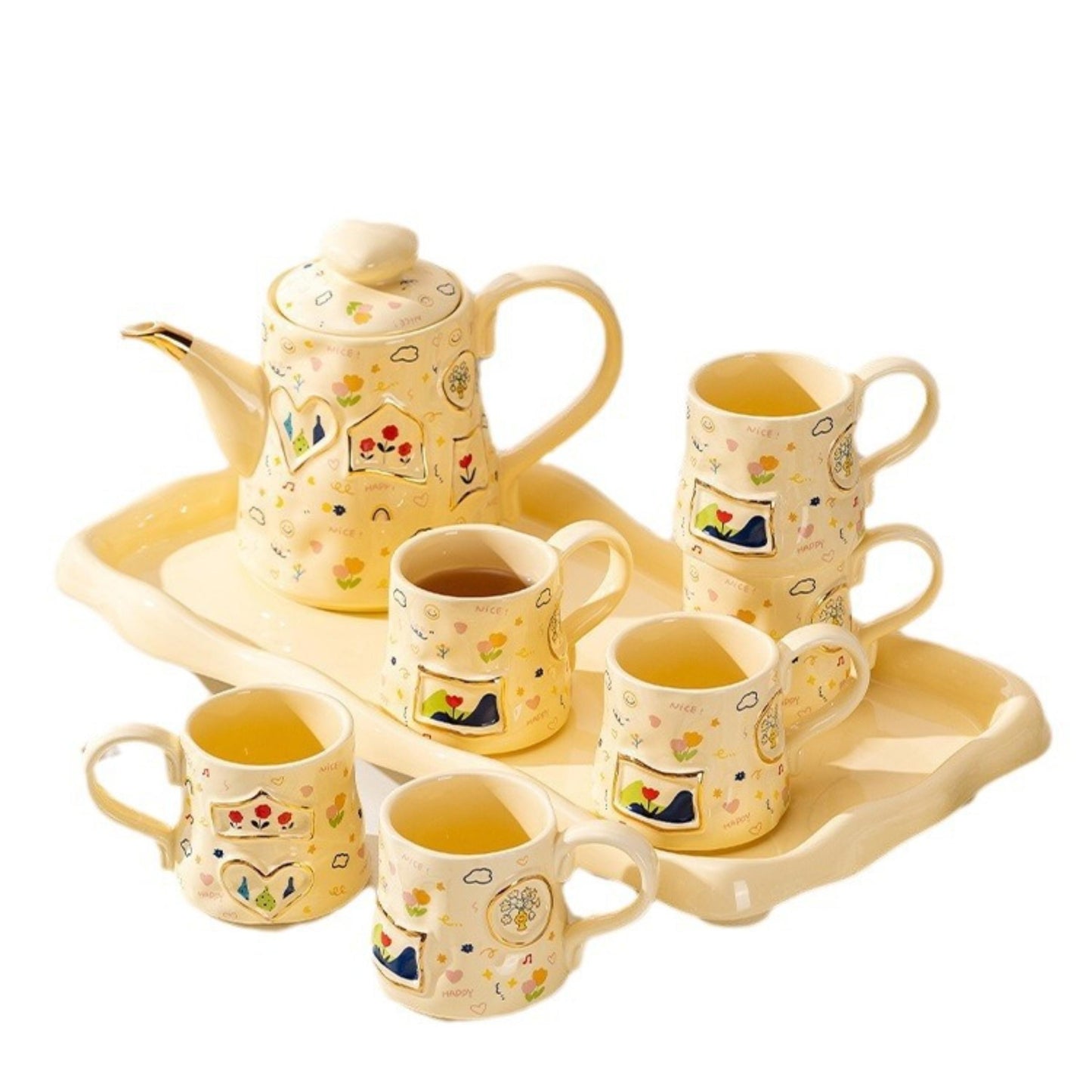 High-fired ceramic 8-piece cream-style tea set with floral pattern and hand-drawn graffiti frame design, including 980ML teapot, 300ML cups, and tray in premium boxed packaging