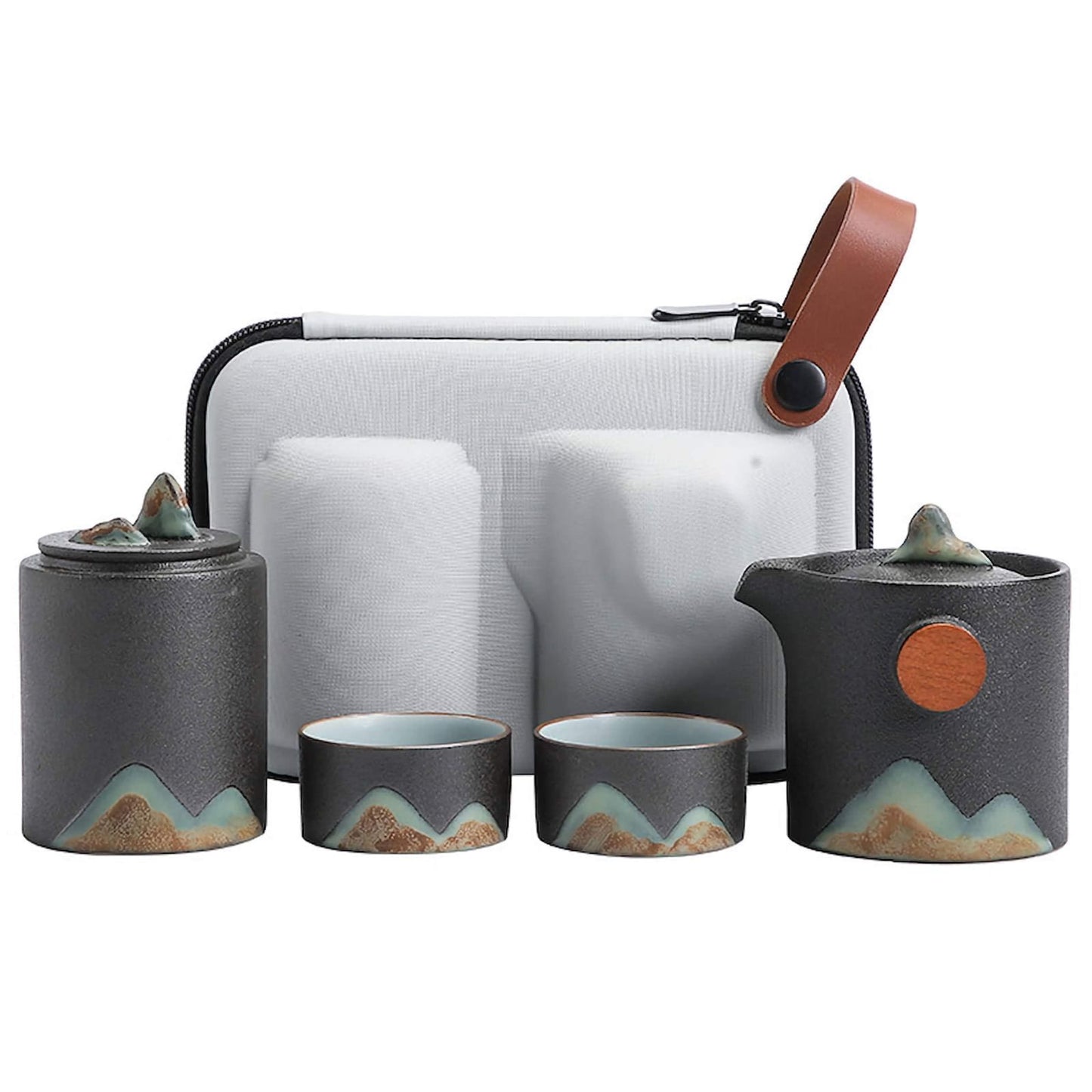 Hand-painted travel ceramic tea set with teapot and matching cups, featuring a mountain landscape, ideal for Gongfu tea brewing on the go.