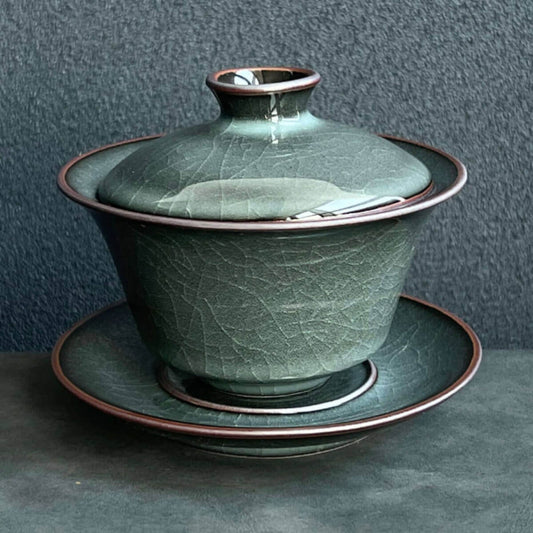Longquan Celadon Gaiwan – Iron Clay Three-Piece Tea Bowl with Lid and Saucer
