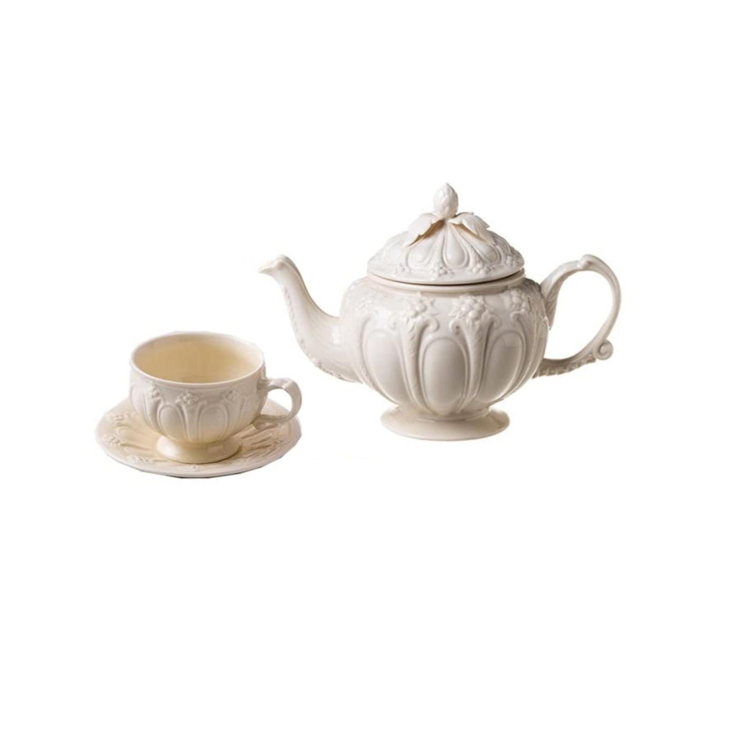 Handcrafted Embossed Vintage Palace Tea Set – Porcelain Teapot and Cup with Saucer for Afternoon Tea