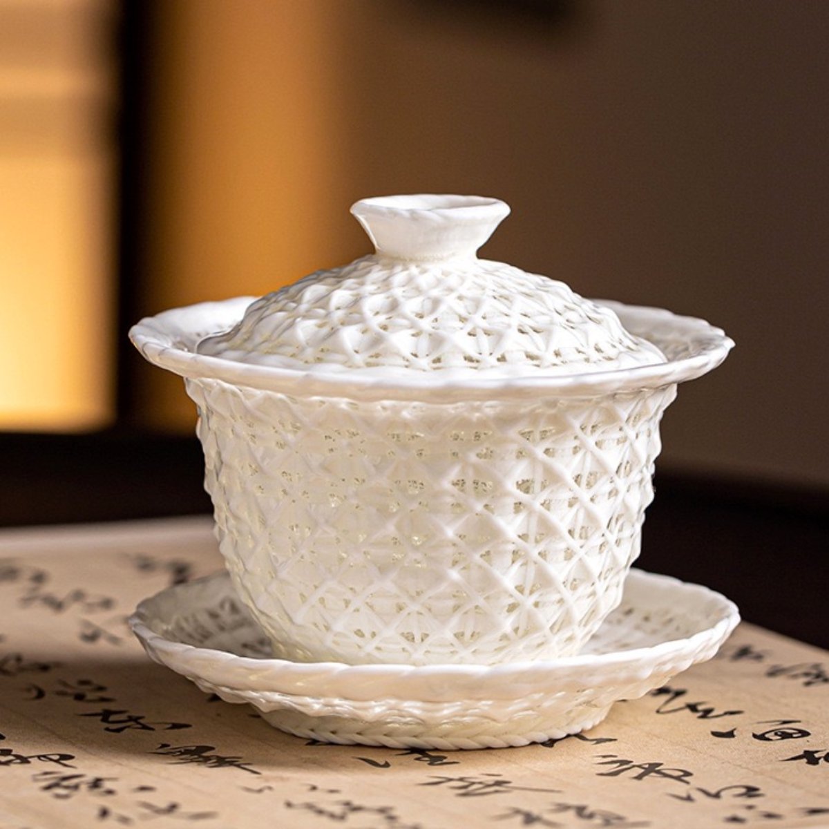 Handmade white ceramic woven gaiwan 160ml three-piece Gongfu tea bowl for tea brewing