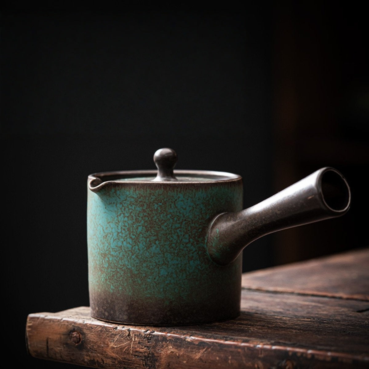 Zhanlan blue glazed retro ceramic side-handle teapot with U-shaped spout