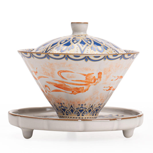 Ruyao Dunhuang Flying Apsaras lid-gaiwan, high white clay agate glaze, 130 mL Gongfu teaware