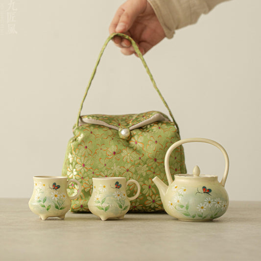 Hand-painted oil daisy tea set with teapot, two cups, and carrying case