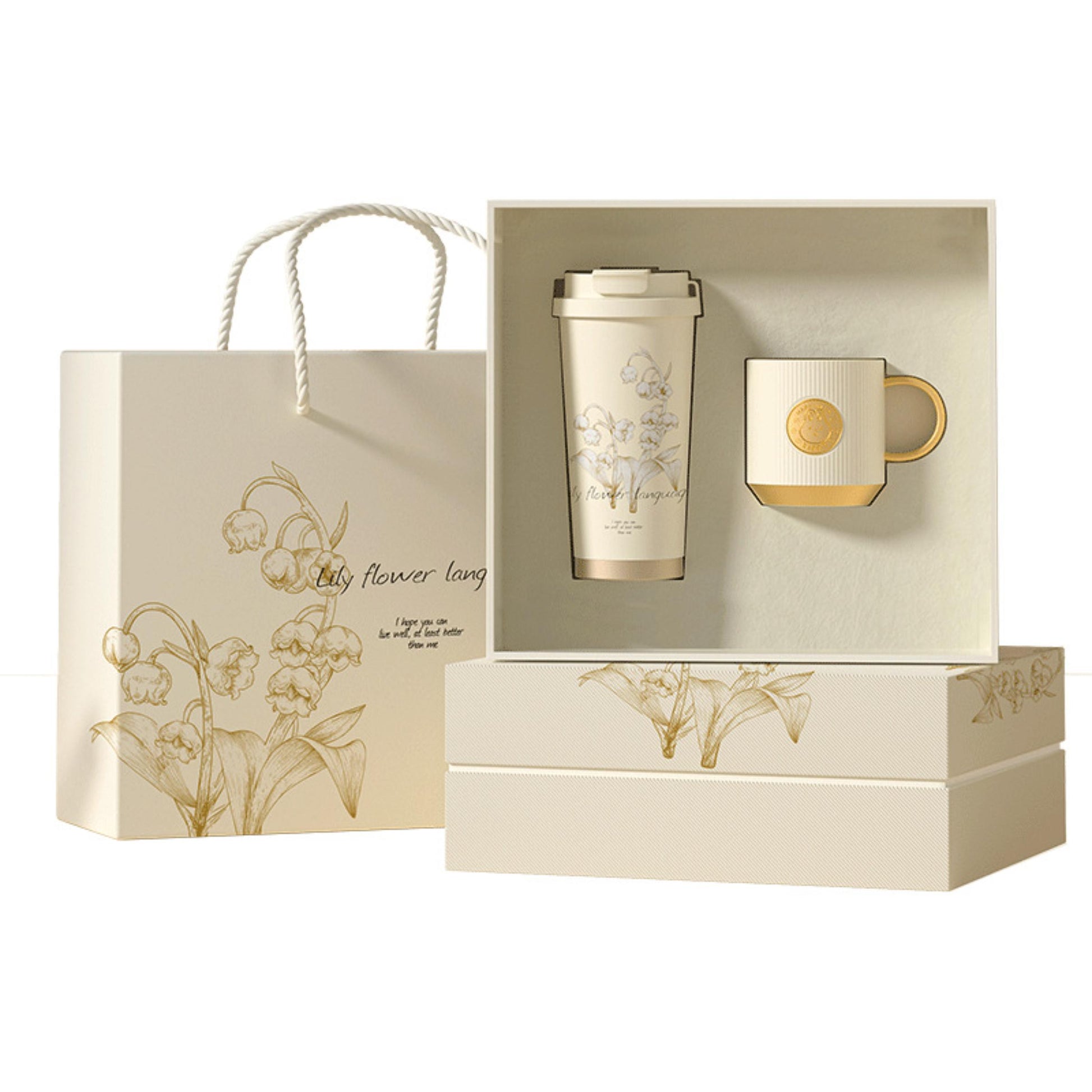Gift box set with insulated tumbler and ceramic mug for hot and cold drinks